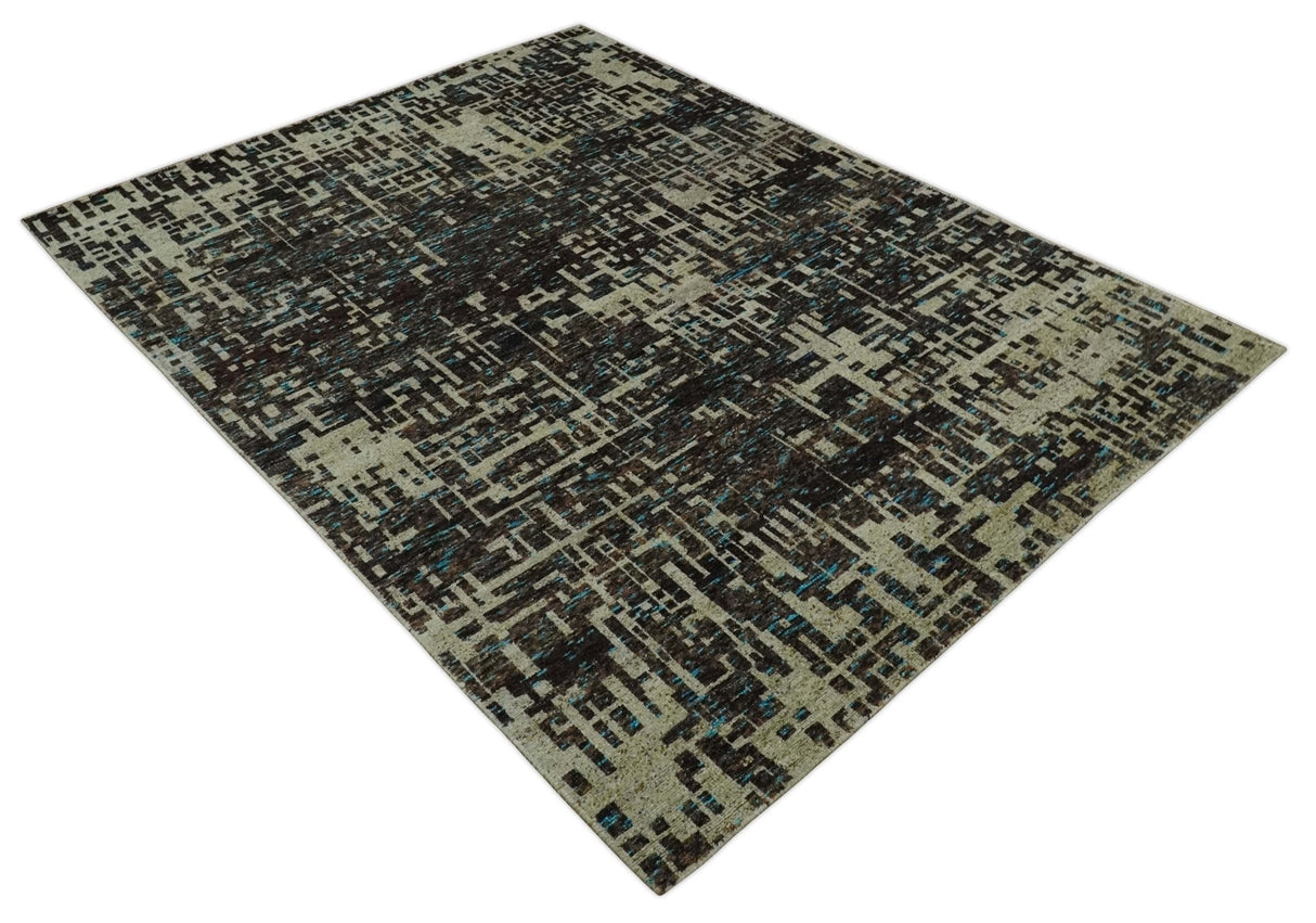 9x12 Hand Knotted Beige and Brown Modern Abstract Contemporary Recycled Silk Area Rug