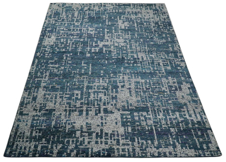 9x12 Hand Knotted Blue and Silver Modern Abstract Contemporary Recycled Silk Area Rug