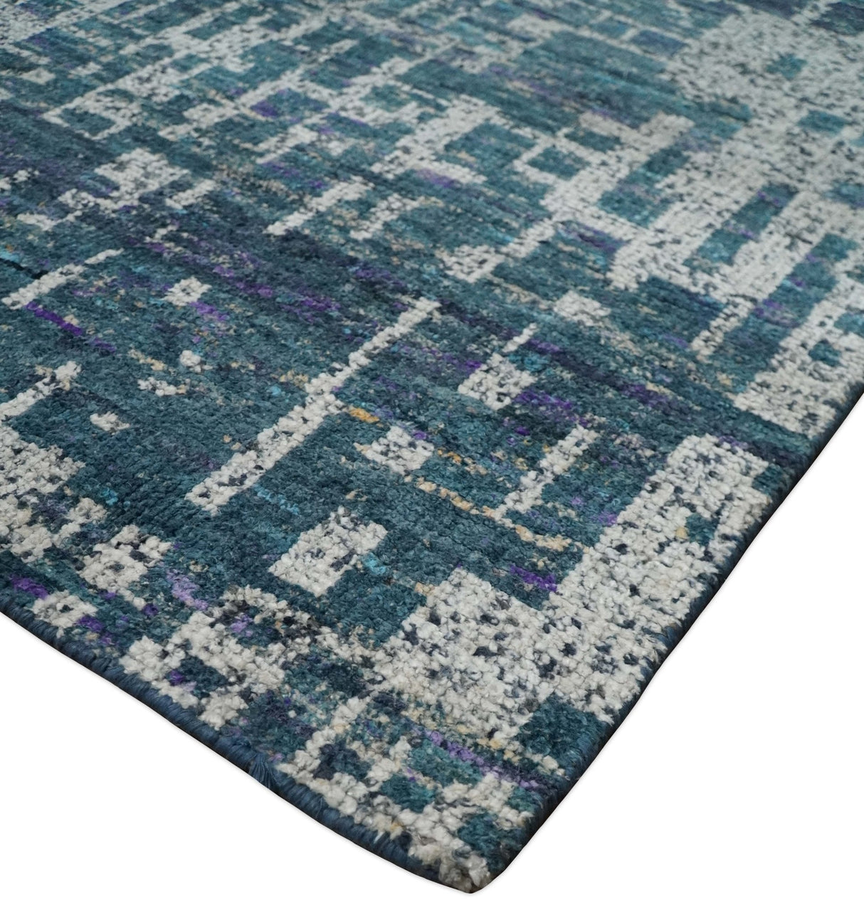 9x12 Hand Knotted Blue and Silver Modern Abstract Contemporary Recycled Silk Area Rug