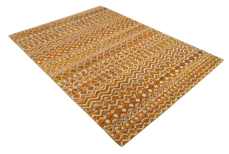9x12 Hand Knotted Gold and White Modern Contemporary Southwestern Tribal Trellis Recycled Silk Area Rug