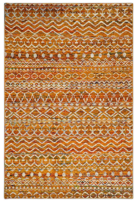 9x12 Hand Knotted Gold and White Modern Contemporary Southwestern Tribal Trellis Recycled Silk Area Rug