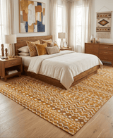 9x12 Hand Knotted Gold and White Modern Contemporary Southwestern Tribal Trellis Recycled Silk Area Rug