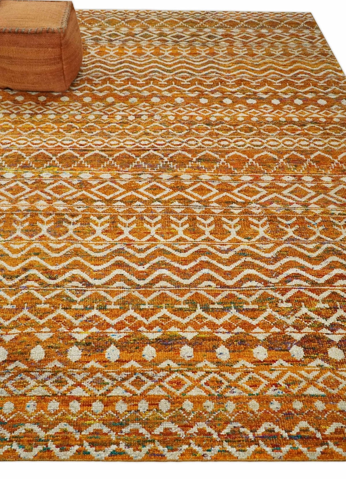 9x12 Hand Knotted Gold and White Modern Contemporary Southwestern Tribal Trellis Recycled Silk Area Rug