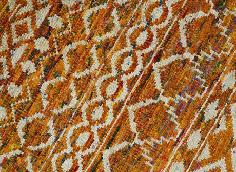 9x12 Hand Knotted Gold and White Modern Contemporary Southwestern Tribal Trellis Recycled Silk Area Rug