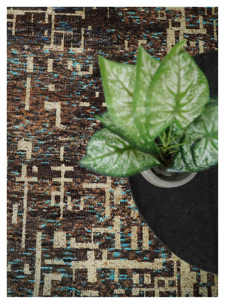 9x12 Hand Knotted Ivory and Brown Modern Abstract Contemporary Recycled Silk Area Rug