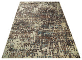 9x12 Hand Knotted Ivory and Brown Modern Abstract Contemporary Recycled Silk Area Rug