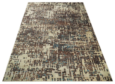 9x12 Hand Knotted Ivory and Brown Modern Abstract Contemporary Recycled Silk Area Rug