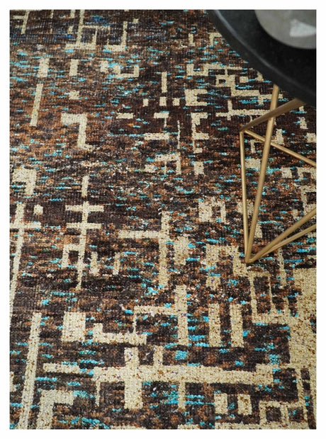 9x12 Hand Knotted Ivory and Brown Modern Abstract Contemporary Recycled Silk Area Rug