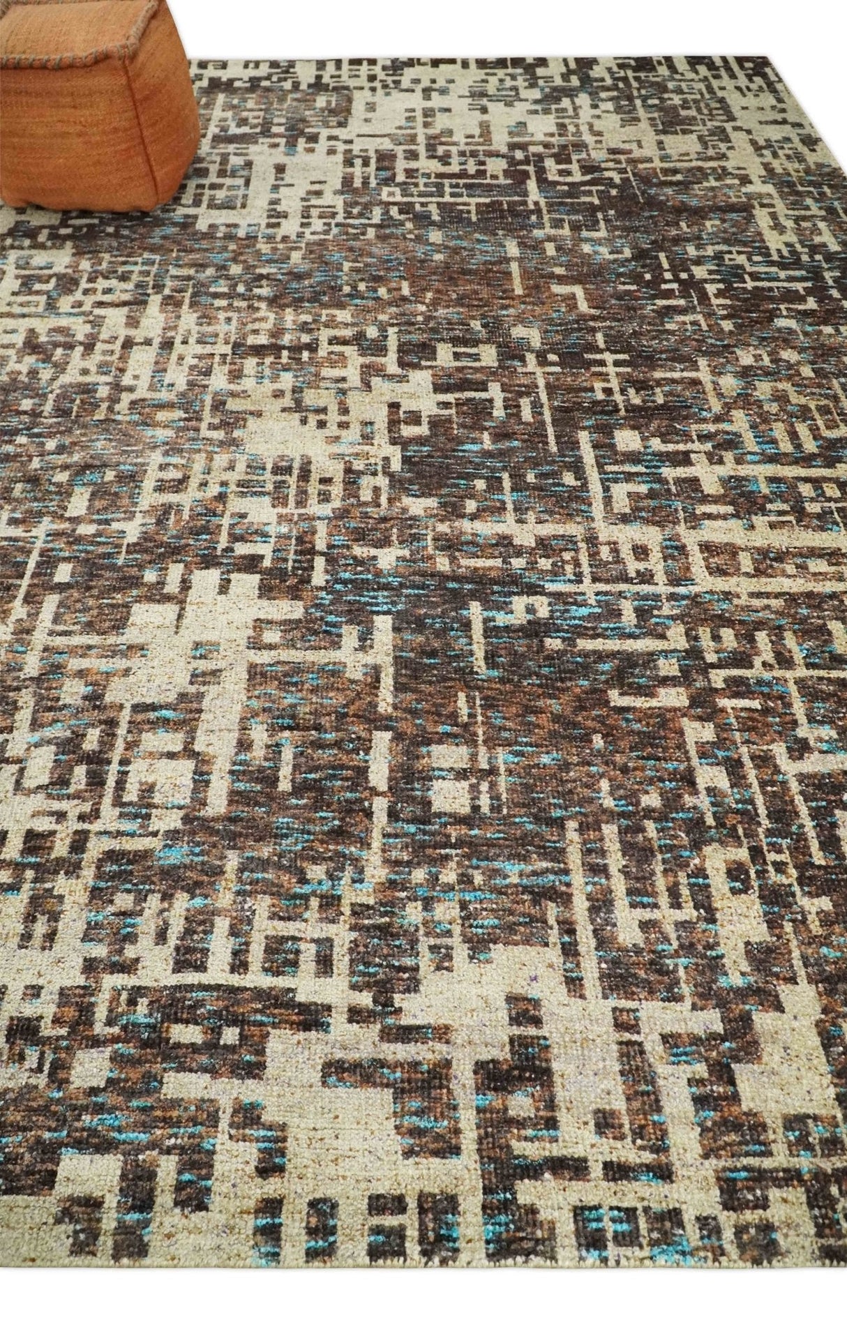 9x12 Hand Knotted Ivory and Brown Modern Abstract Contemporary Recycled Silk Area Rug