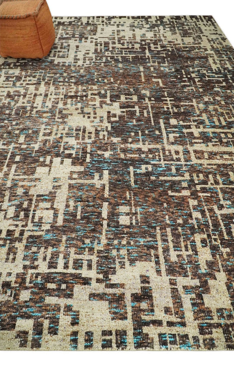 9x12 Hand Knotted Ivory and Brown Modern Abstract Contemporary Recycled Silk Area Rug
