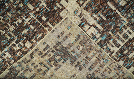 9x12 Hand Knotted Ivory and Brown Modern Abstract Contemporary Recycled Silk Area Rug