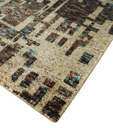 9x12 Hand Knotted Ivory and Brown Modern Abstract Contemporary Recycled Silk Area Rug