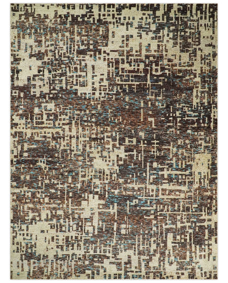 9x12 Hand Knotted Ivory and Brown Modern Abstract Contemporary Recycled Silk Area Rug