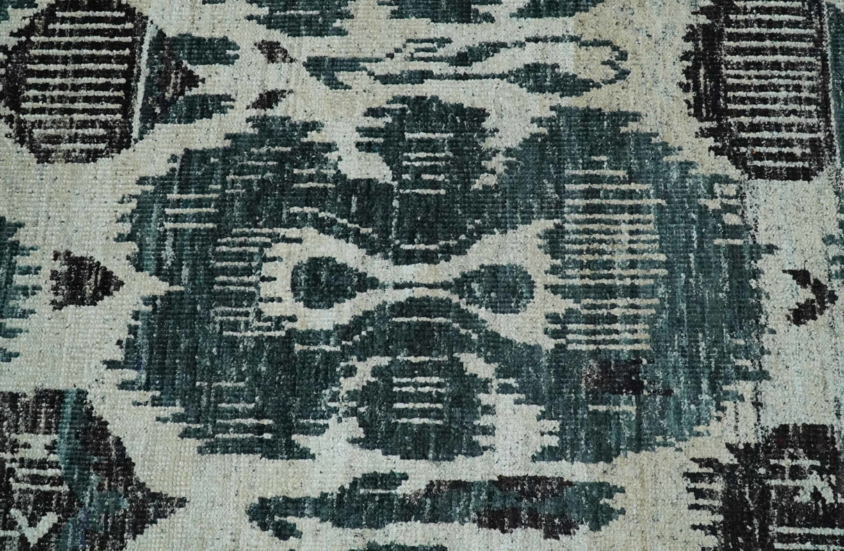 9x12 Hand Knotted Ivory, Teal and Brown Contemporary Style Recycled Silk Area Rug