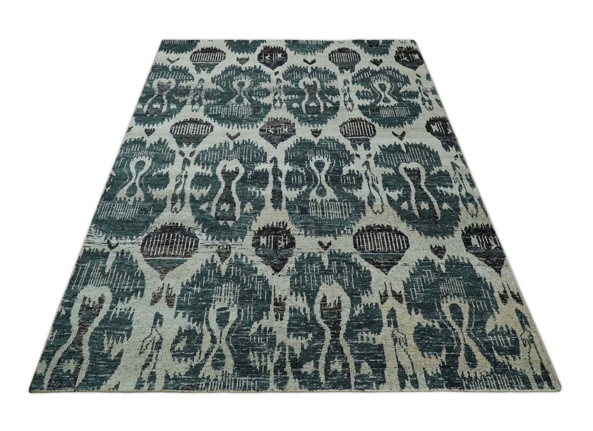9x12 Hand Knotted Ivory, Teal and Brown Contemporary Style Recycled Silk Area Rug