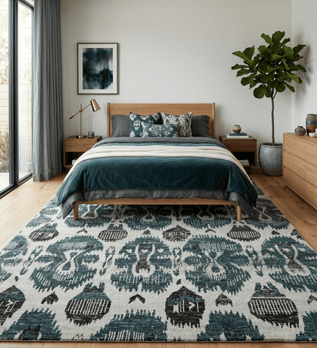 9x12 Hand Knotted Ivory, Teal and Brown Contemporary Style Recycled Silk Area Rug