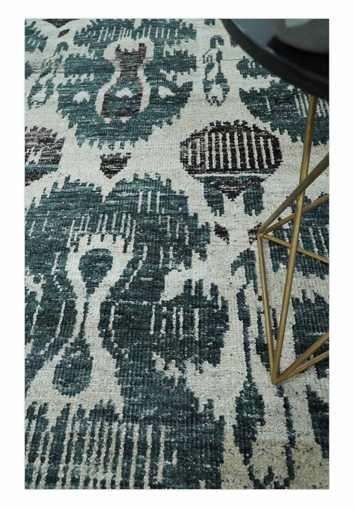 9x12 Hand Knotted Ivory, Teal and Brown Contemporary Style Recycled Silk Area Rug