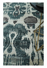 9x12 Hand Knotted Ivory, Teal and Brown Contemporary Style Recycled Silk Area Rug
