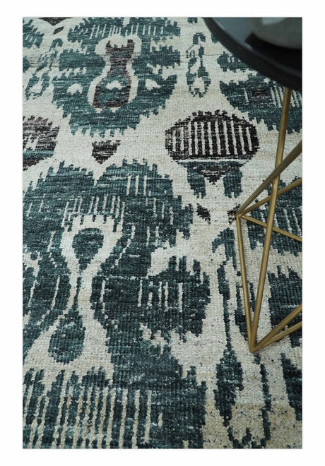 9x12 Hand Knotted Ivory, Teal and Brown Contemporary Style Recycled Silk Area Rug