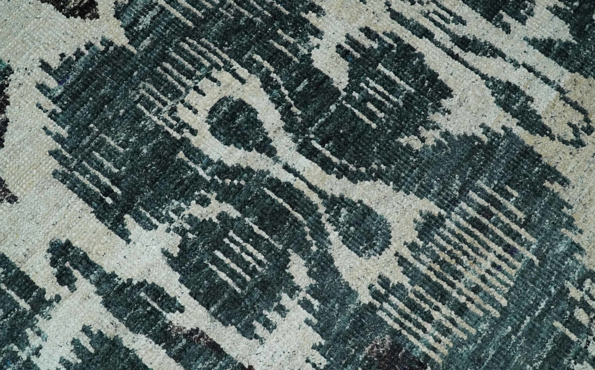 9x12 Hand Knotted Ivory, Teal and Brown Contemporary Style Recycled Silk Area Rug