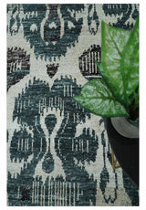 9x12 Hand Knotted Ivory, Teal and Brown Contemporary Style Recycled Silk Area Rug