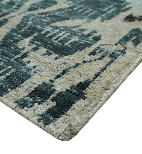 9x12 Hand Knotted Ivory, Teal and Brown Contemporary Style Recycled Silk Area Rug