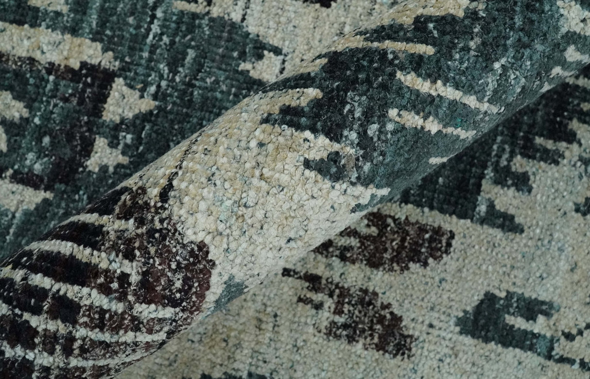 9x12 Hand Knotted Ivory, Teal and Brown Contemporary Style Recycled Silk Area Rug