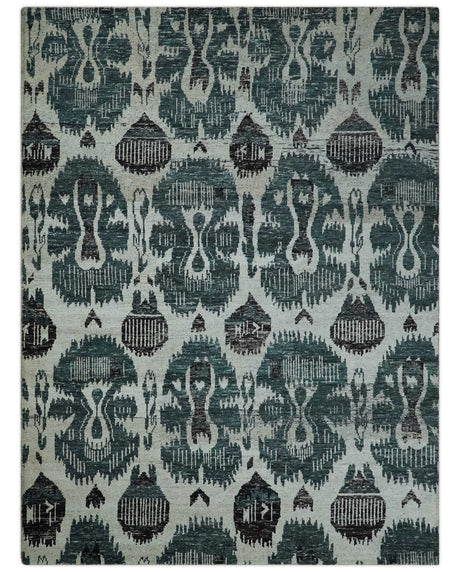 9x12 Hand Knotted Ivory, Teal and Brown Contemporary Style Recycled Silk Area Rug