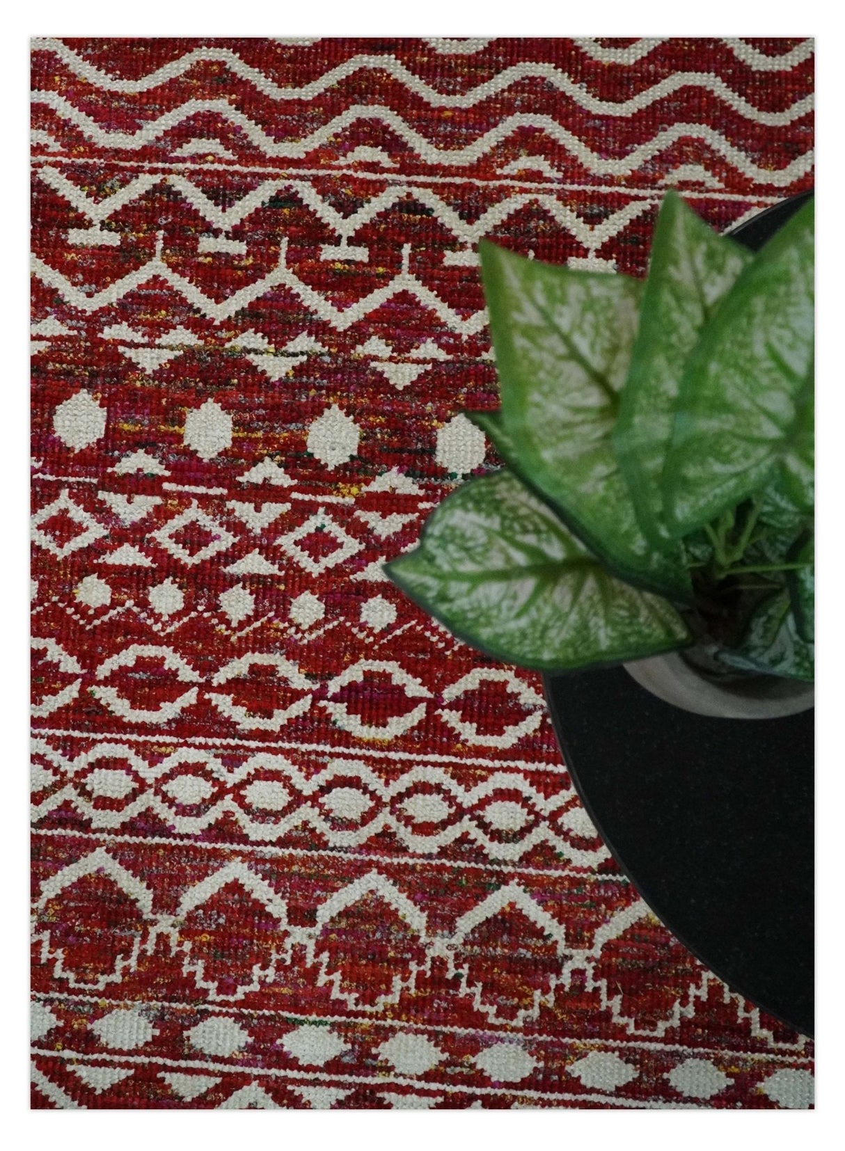 9x12 Hand Knotted Maroon and White Modern Contemporary Southwestern Tribal Trellis Recycled Silk Area Rug