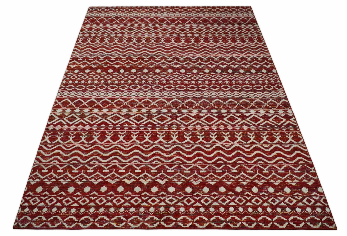 9x12 Hand Knotted Maroon and White Modern Contemporary Southwestern Tribal Trellis Recycled Silk Area Rug