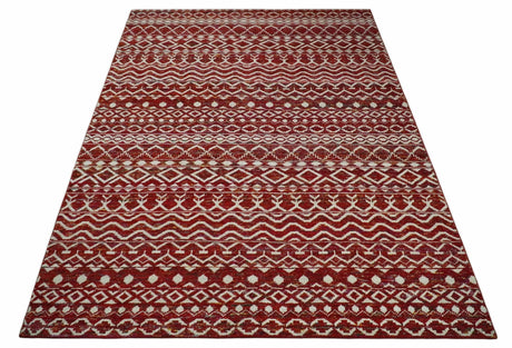 9x12 Hand Knotted Maroon and White Modern Contemporary Southwestern Tribal Trellis Recycled Silk Area Rug