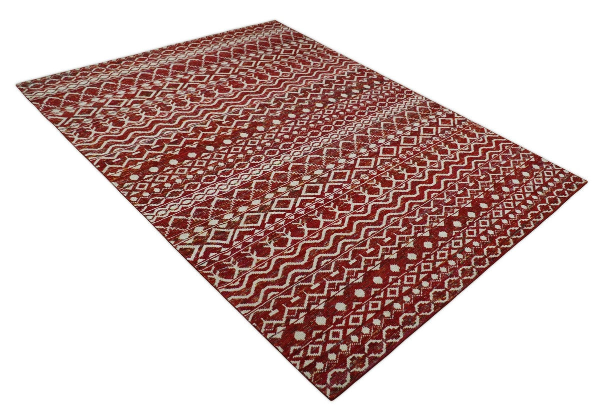 9x12 Hand Knotted Maroon and White Modern Contemporary Southwestern Tribal Trellis Recycled Silk Area Rug