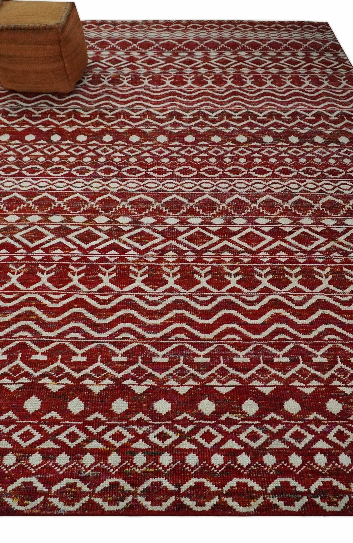 9x12 Hand Knotted Maroon and White Modern Contemporary Southwestern Tribal Trellis Recycled Silk Area Rug