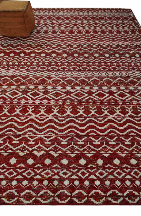 9x12 Hand Knotted Maroon and White Modern Contemporary Southwestern Tribal Trellis Recycled Silk Area Rug