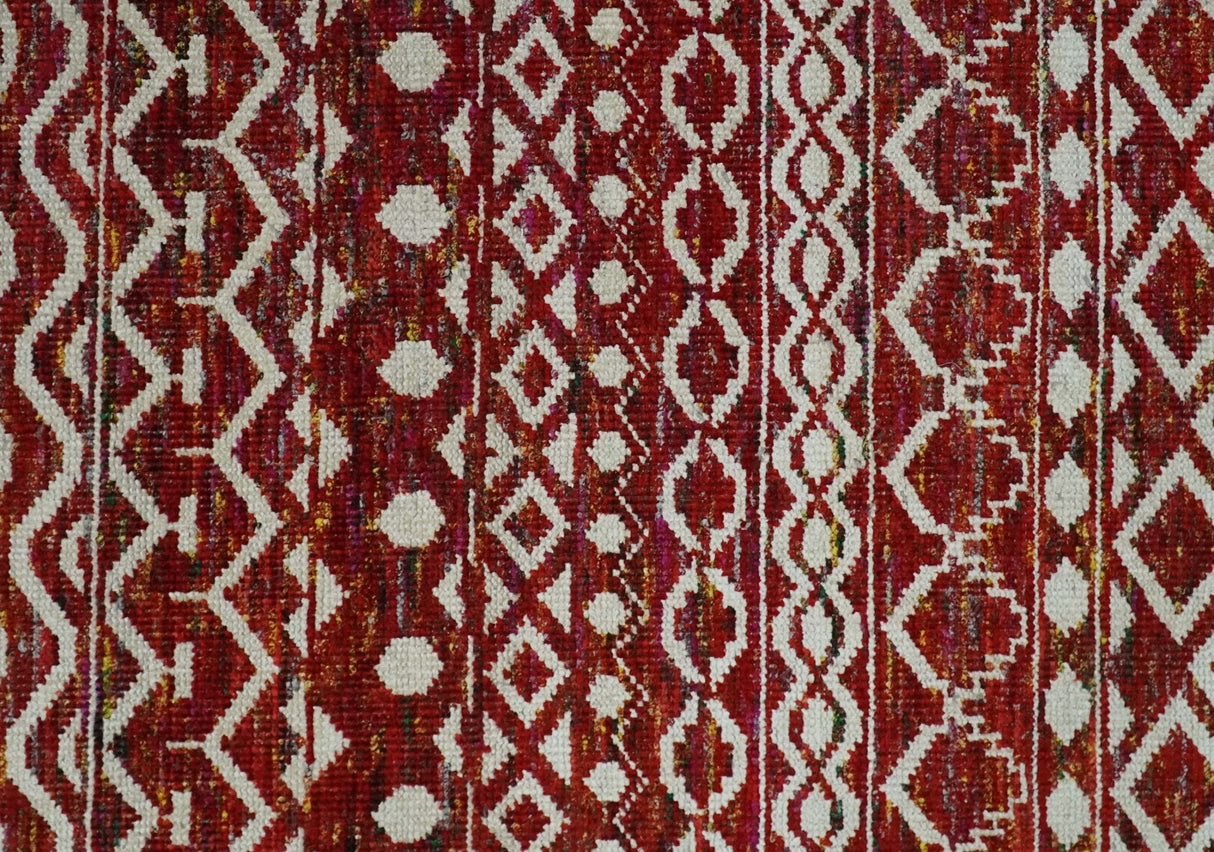9x12 Hand Knotted Maroon and White Modern Contemporary Southwestern Tribal Trellis Recycled Silk Area Rug