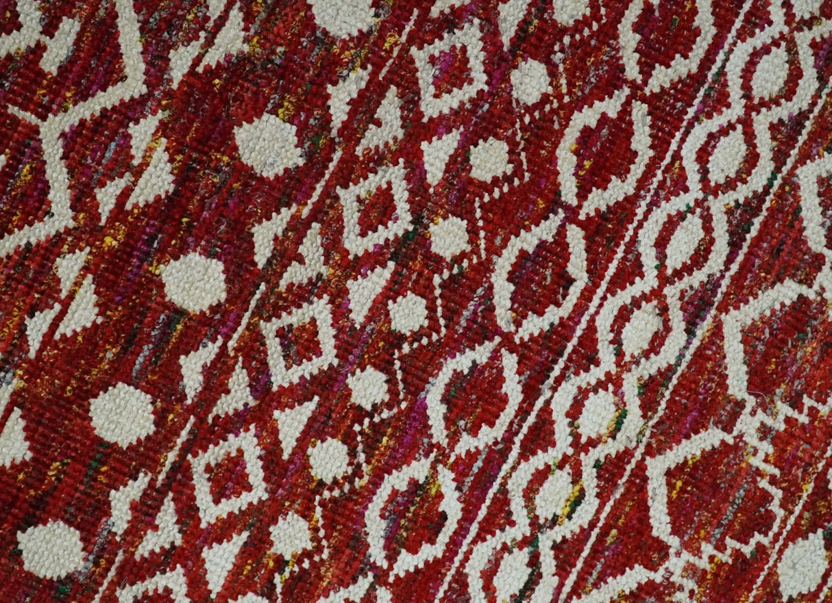 9x12 Hand Knotted Maroon and White Modern Contemporary Southwestern Tribal Trellis Recycled Silk Area Rug