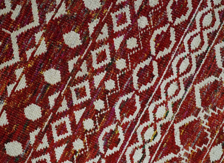 9x12 Hand Knotted Maroon and White Modern Contemporary Southwestern Tribal Trellis Recycled Silk Area Rug