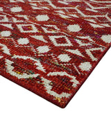9x12 Hand Knotted Maroon and White Modern Contemporary Southwestern Tribal Trellis Recycled Silk Area Rug