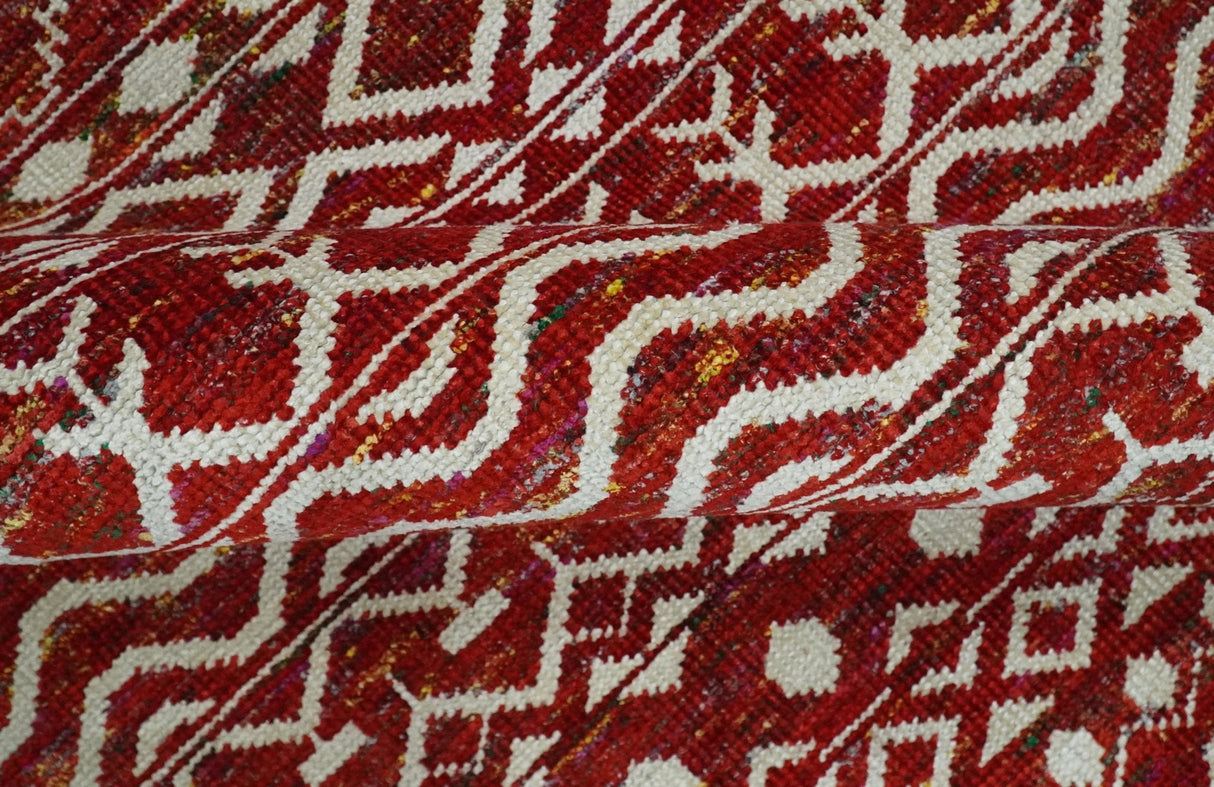 9x12 Hand Knotted Maroon and White Modern Contemporary Southwestern Tribal Trellis Recycled Silk Area Rug