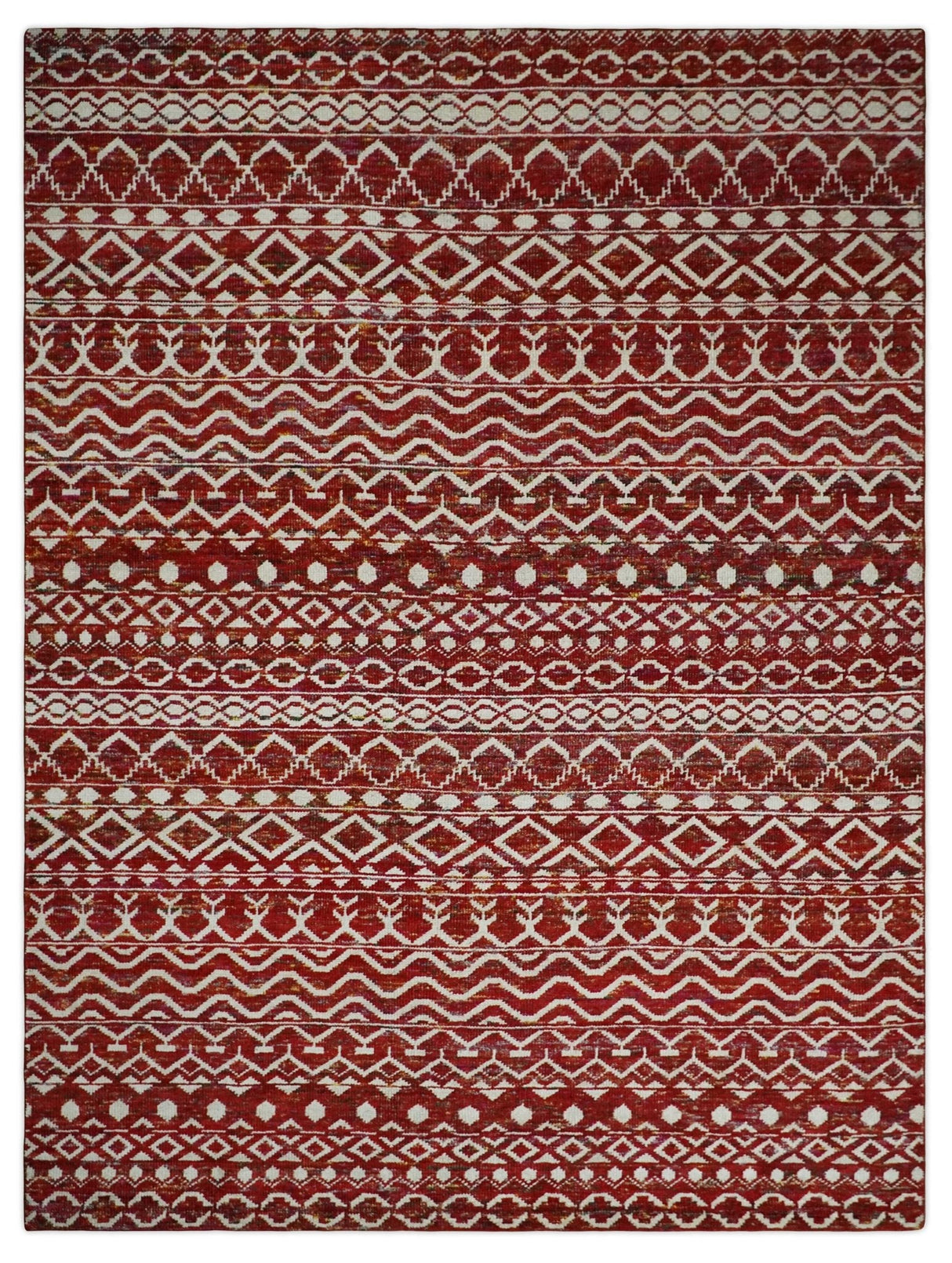 9x12 Hand Knotted Maroon and White Modern Contemporary Southwestern Tribal Trellis Recycled Silk Area Rug