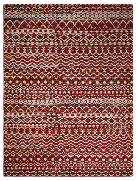 9x12 Hand Knotted Maroon and White Modern Contemporary Southwestern Tribal Trellis Recycled Silk Area Rug