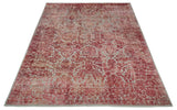9x12 Hand Knotted Red and Pink Modern Carved Pattern Antique Wool and Silk Area Rug