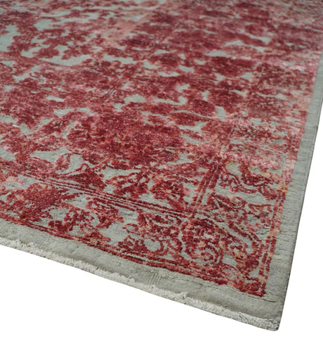 9x12 Hand Knotted Red and Pink Modern Carved Pattern Antique Wool and Silk Area Rug