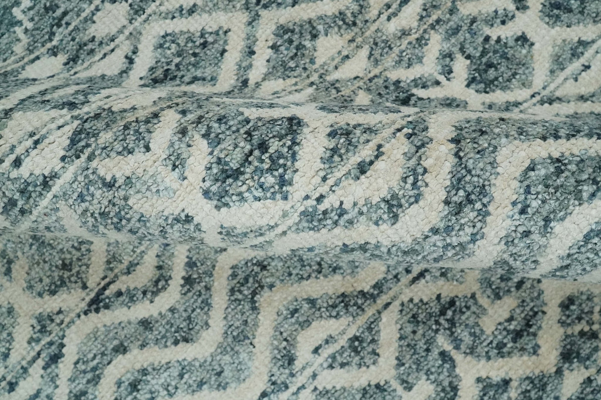 9x13 Hand Knotted Ivory and Teal Blue Modern Contemporary Southwestern Tribal Trellis Recycled Silk Area Rug