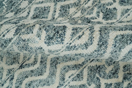 9x13 Hand Knotted Ivory and Teal Blue Modern Contemporary Southwestern Tribal Trellis Recycled Silk Area Rug
