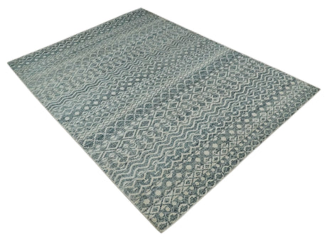 9x13 Hand Knotted Ivory and Teal Blue Modern Contemporary Southwestern Tribal Trellis Recycled Silk Area Rug