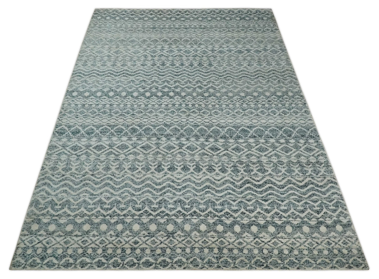 9x13 Hand Knotted Ivory and Teal Blue Modern Contemporary Southwestern Tribal Trellis Recycled Silk Area Rug
