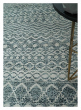 9x13 Hand Knotted Ivory and Teal Blue Modern Contemporary Southwestern Tribal Trellis Recycled Silk Area Rug