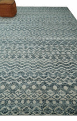 9x13 Hand Knotted Ivory and Teal Blue Modern Contemporary Southwestern Tribal Trellis Recycled Silk Area Rug