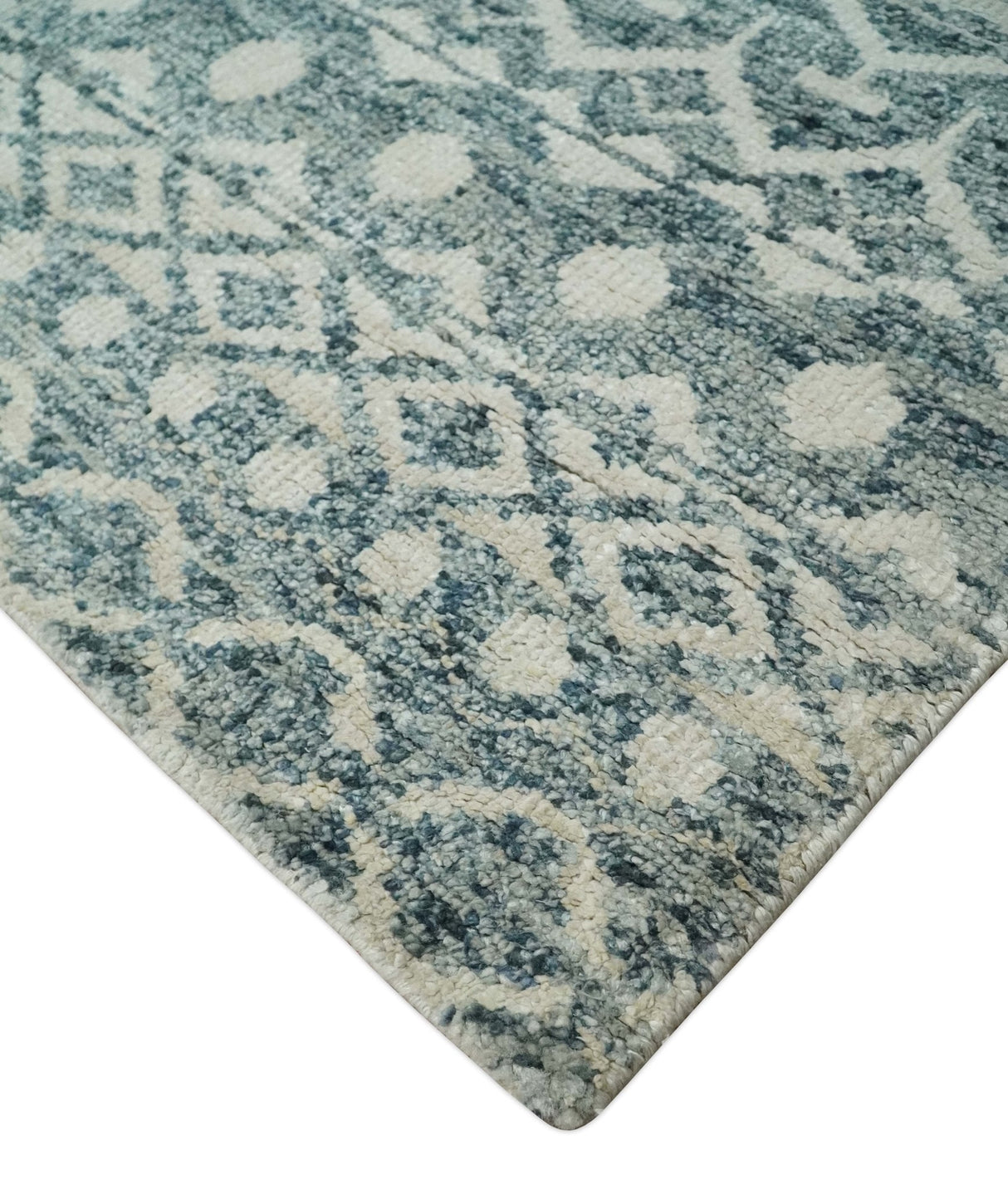 9x13 Hand Knotted Ivory and Teal Blue Modern Contemporary Southwestern Tribal Trellis Recycled Silk Area Rug